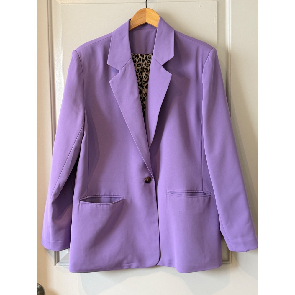 Purple Lavender Blazer XL Leopard Print Lined Single Button Jacket - Picture 3 of 14